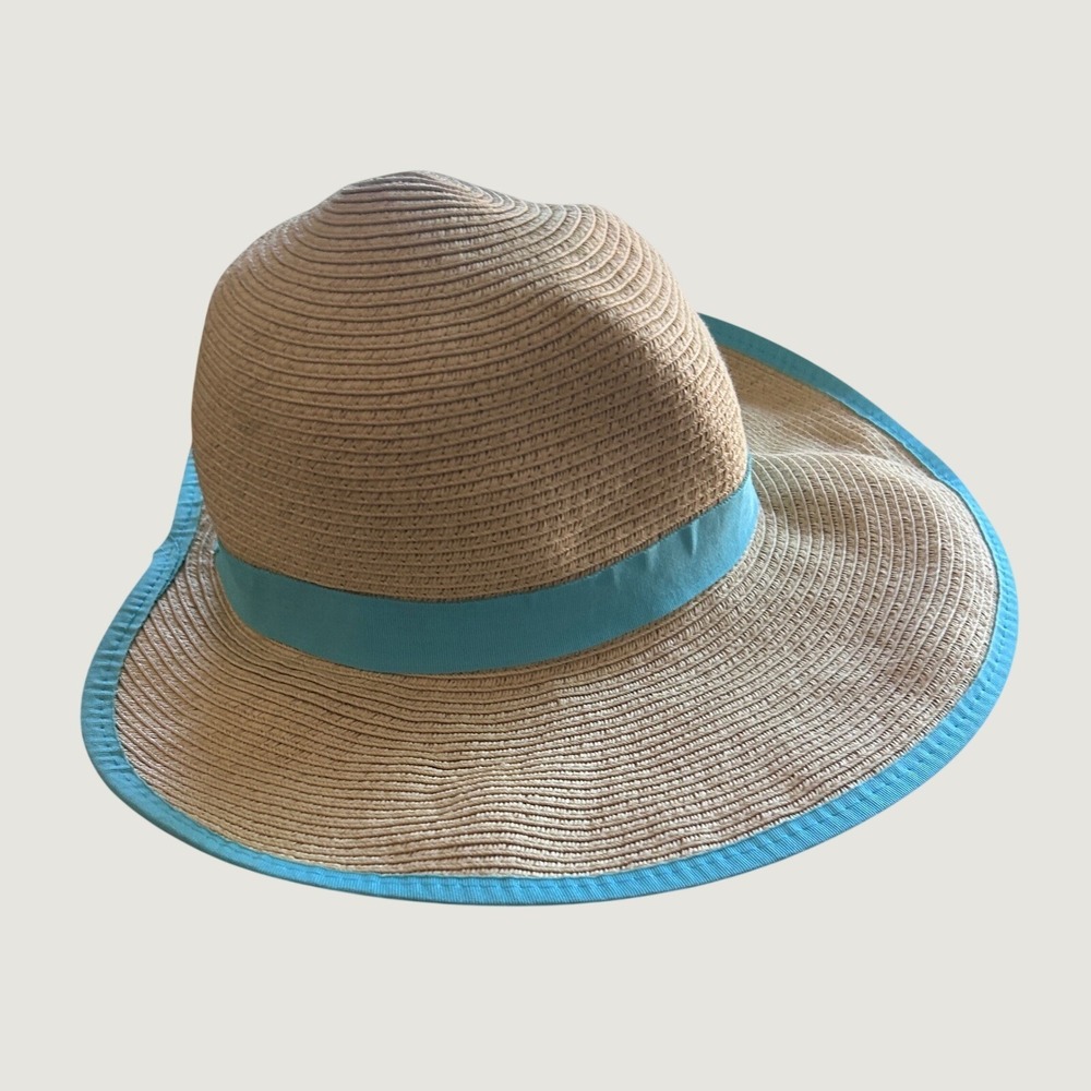 Panama Jack Floppy Sun Hat Straw OS Tan Turquoise Beachwear Costal core - Picture 2 of 9